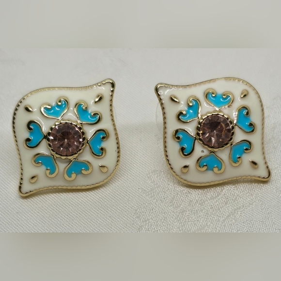 Vintage Style Enamel, Rhinestone Gold Tone Earrings - Picture 6 of 6